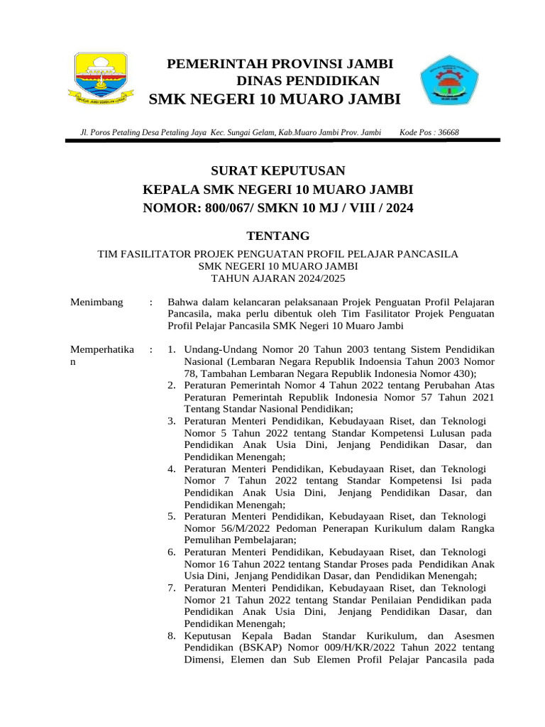 SK Koordinator P5 SMKN 10 MJ TP 2023-2024 | PDF