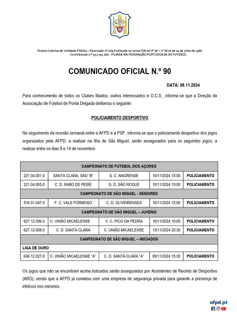 Policiamento em Jogos da AFPD de 8 a 14 Nov | PDF