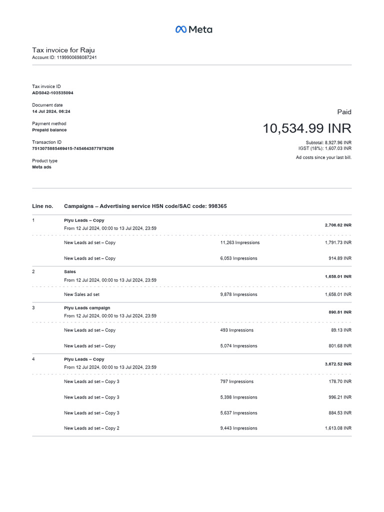 Tax Invoice for Meta Ads - Raju | PDF | Public Finance | Taxation