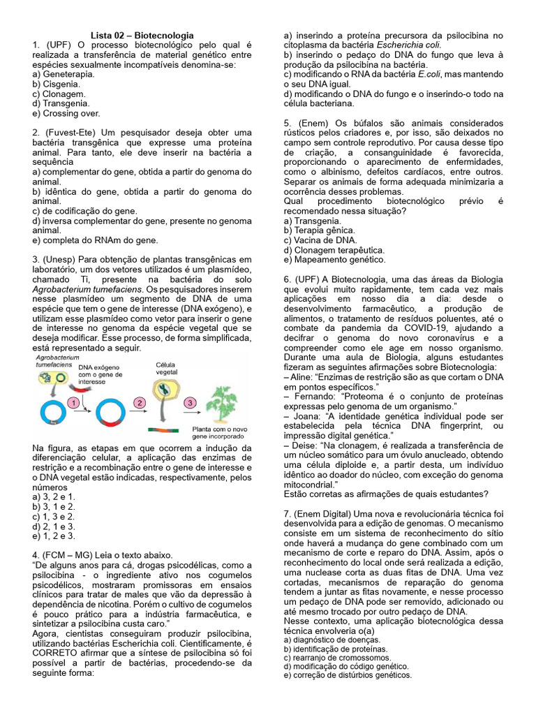 Questões de Biotecnologia e Aplicações | PDF | Gene | DNA