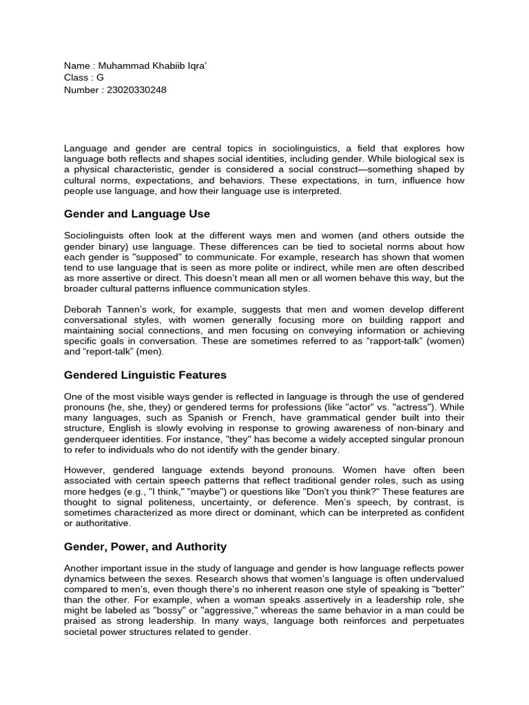 Language and Gender in Sociolinguistics | PDF | Gender | Gender Studies