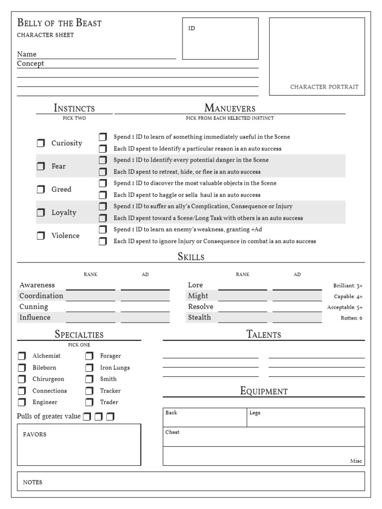 Belly of The Beast RPG Character Sheet | PDF