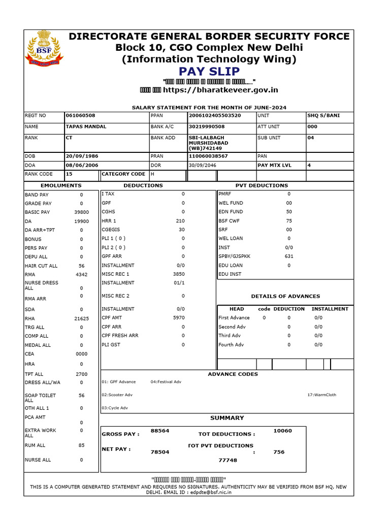 BSF Salary Slip for June 2024 | PDF