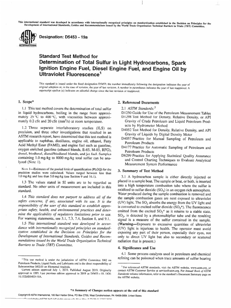 ASTM 5453-19a Standard Test Method For Determination of Total Sulfur in ...