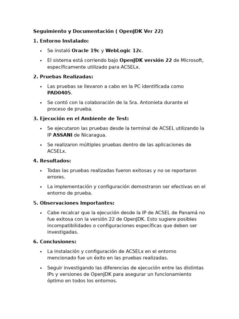 Pruebas Exitosas de ACSELx en OpenJDK 22 | PDF