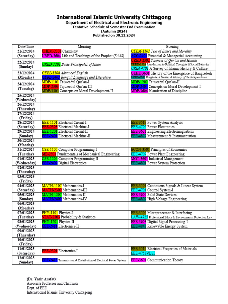 Autumn 2024 EEE Exam Schedule IIUC | PDF | Engineering | Electrical ...