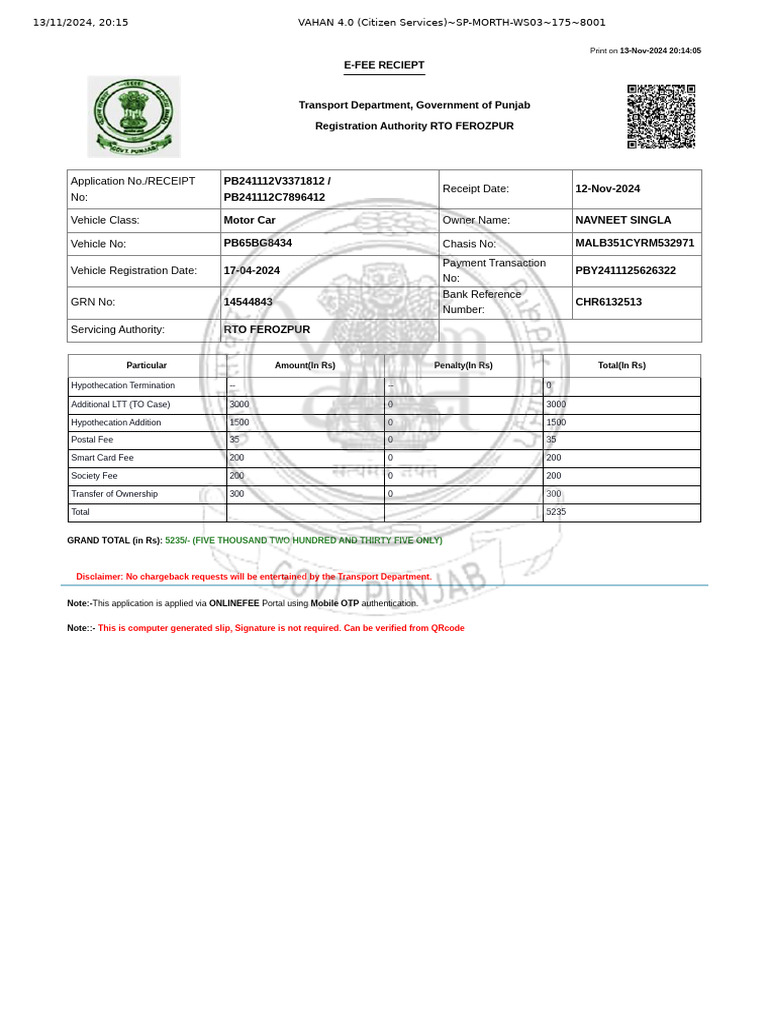 Vahan 4 0 citizen services sp morth ws03 175 8001 pdf receipt