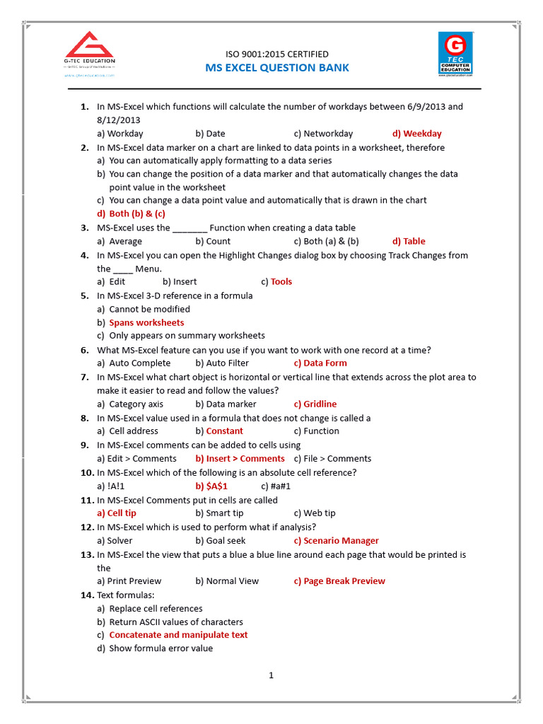 MS Excel Question Bank Overview | PDF | Microsoft Excel | Control Key
