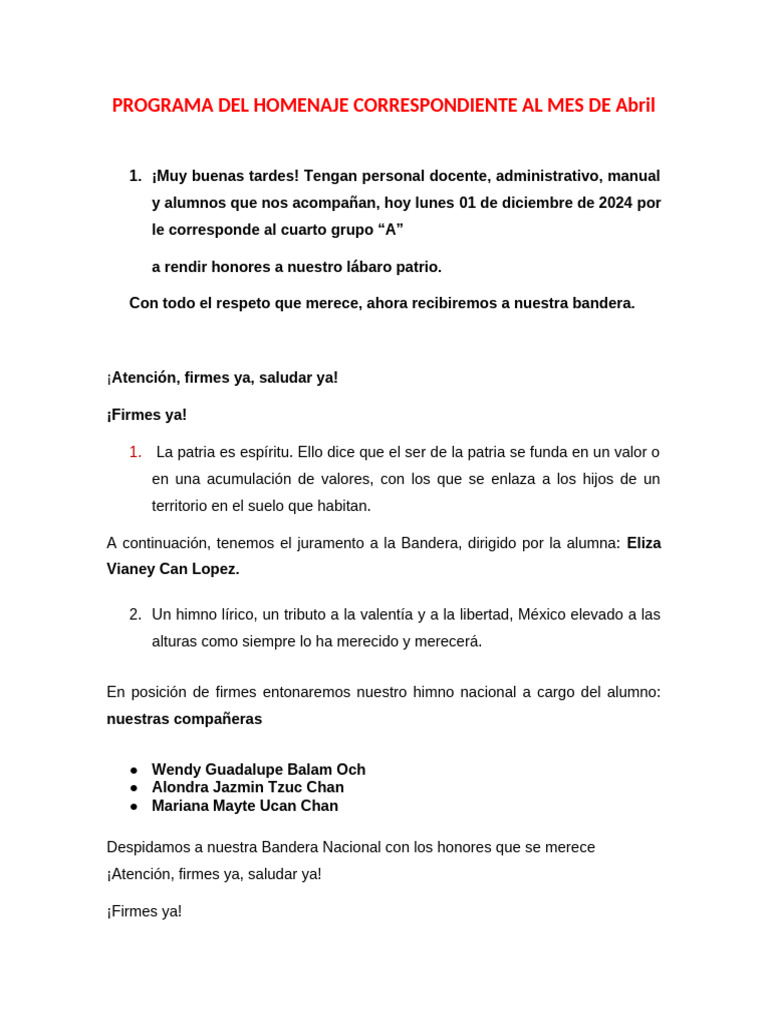 PROGRAMA DEL HOMENAJE CORRESPONDIENTE AL MES DE Diciembre | PDF | México