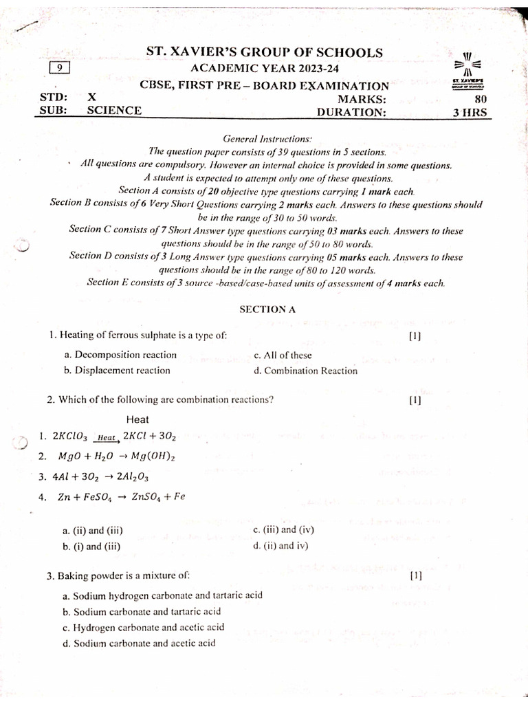 Science Pre Board 1 | PDF