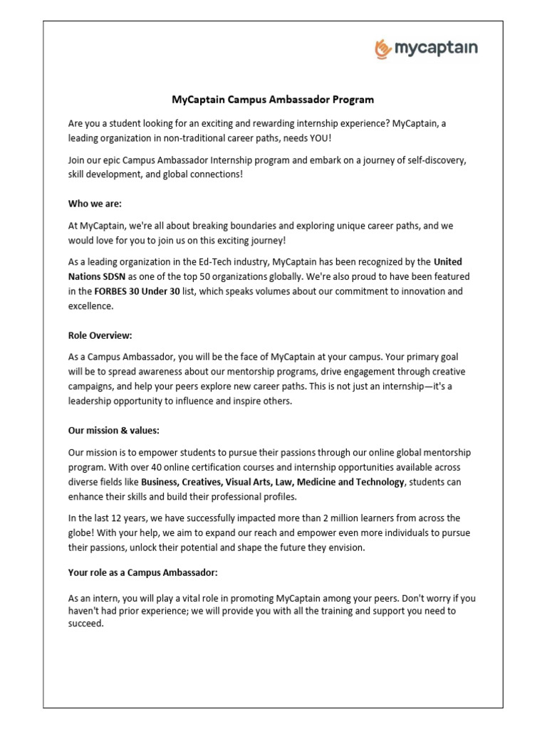 MyCaptain Campus Ambassador Internship | PDF | Mentorship | Learning