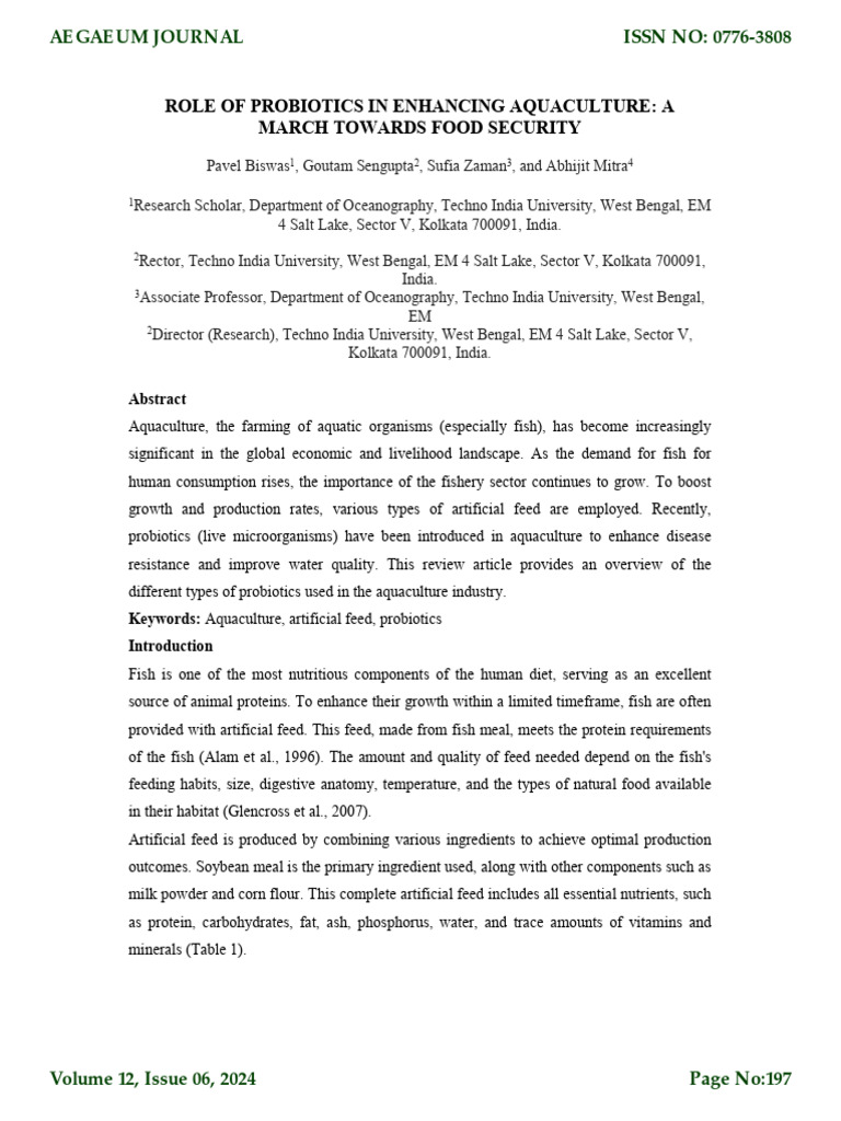 Probiotics in Aquaculture for Food Security | PDF | Probiotic ...