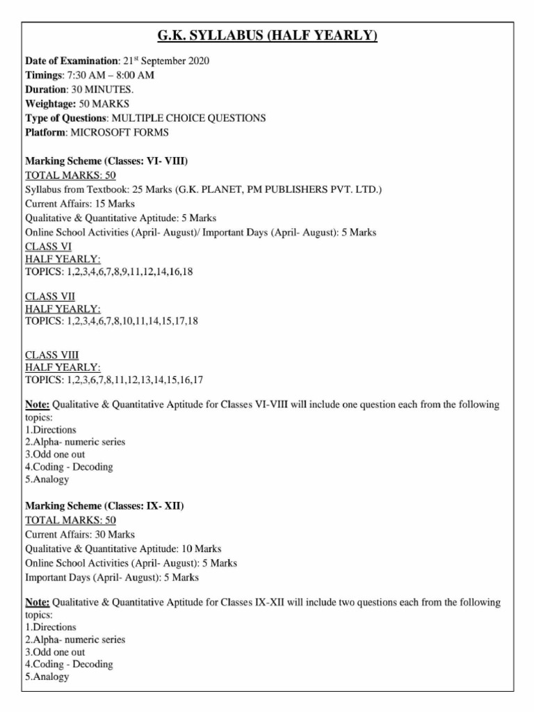 G.K. Syllabus Half Yearly | PDF