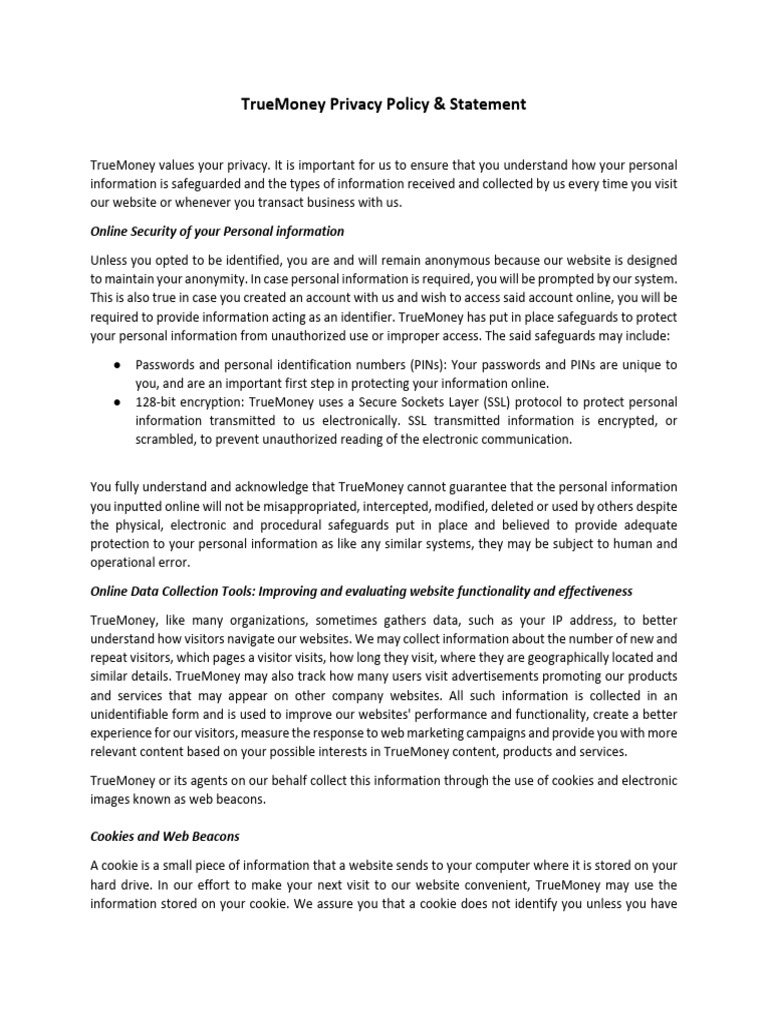 TrueMoney Privacy Policy Overview | PDF | Http Cookie | World Wide Web