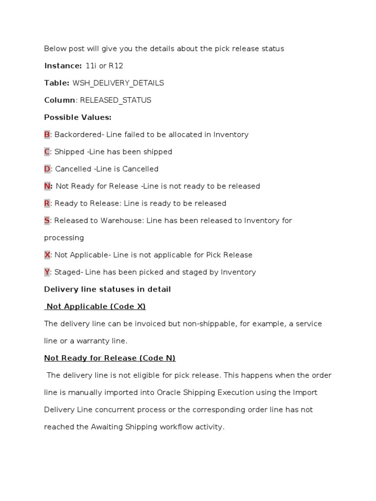 Understanding Pick Release Status Codes | PDF | Finance & Money ...