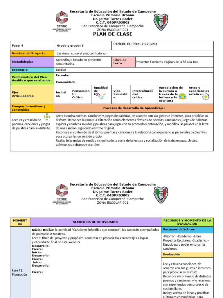 FORMATO DE PROYECTO Plan de Clase | PDF | Educación primaria | Escuelas