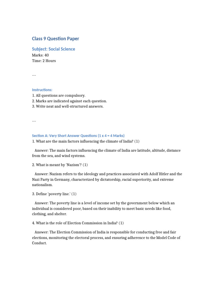 Class 9 Social Science Question Paper | PDF | Nazism | Nazi Germany