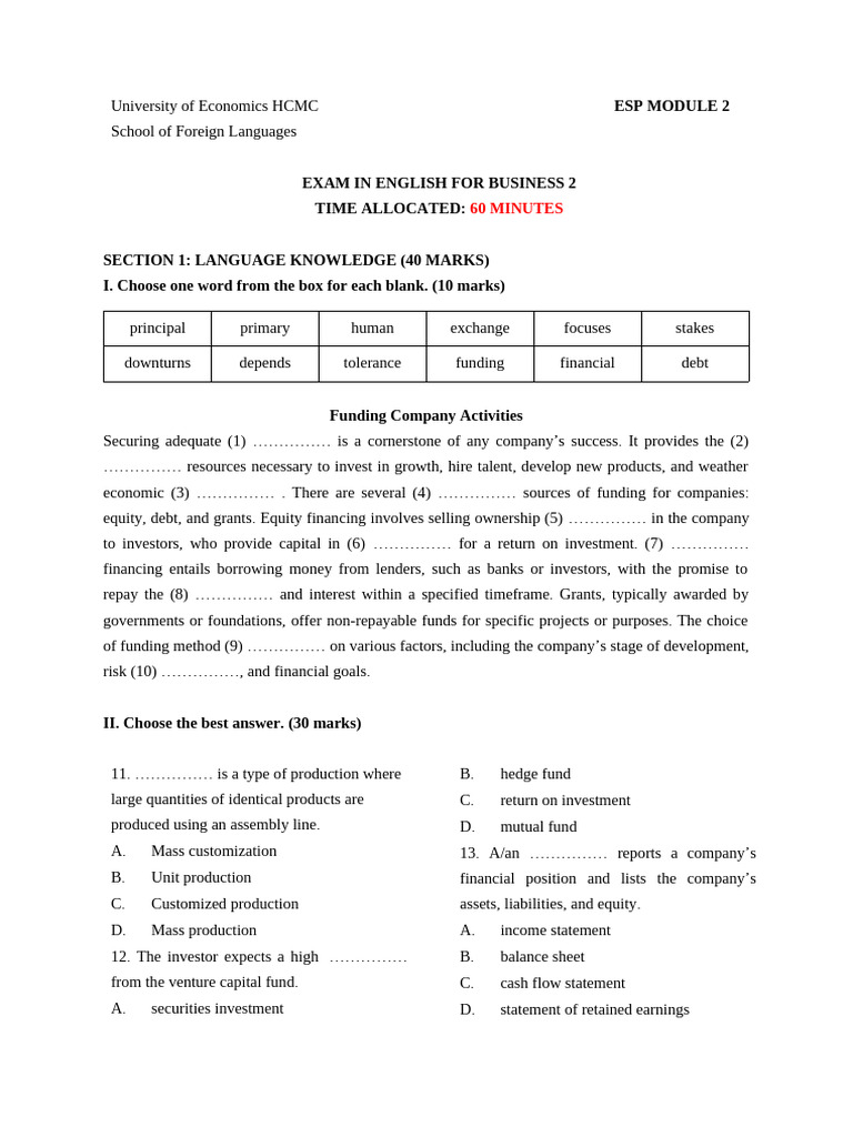 Esp2 - English For Business - Sample Test | PDF | Lean Manufacturing ...
