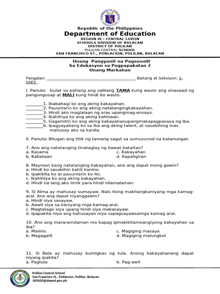 Test Q1 - Sum 1 | PDF | Philippines