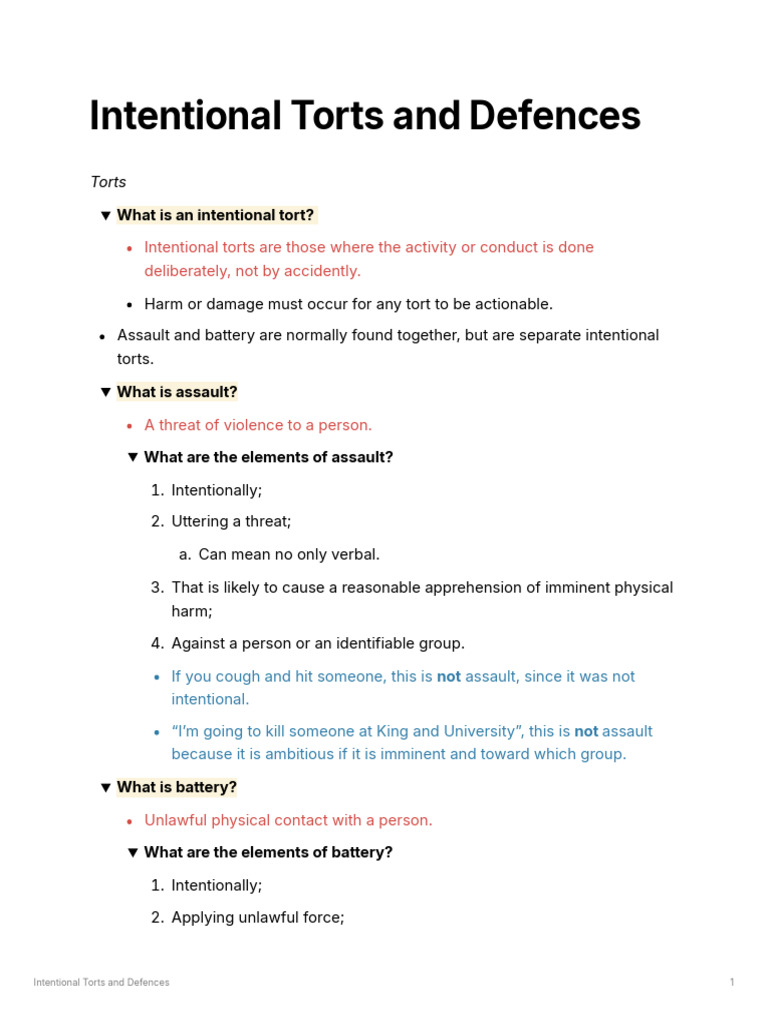 Intentional Torts and Defences | PDF | Defamation | Assault