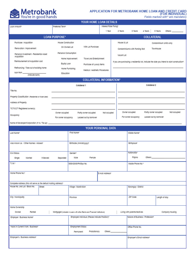 Metrobank Home Loan Application Form | PDF | Credit Card | Banks