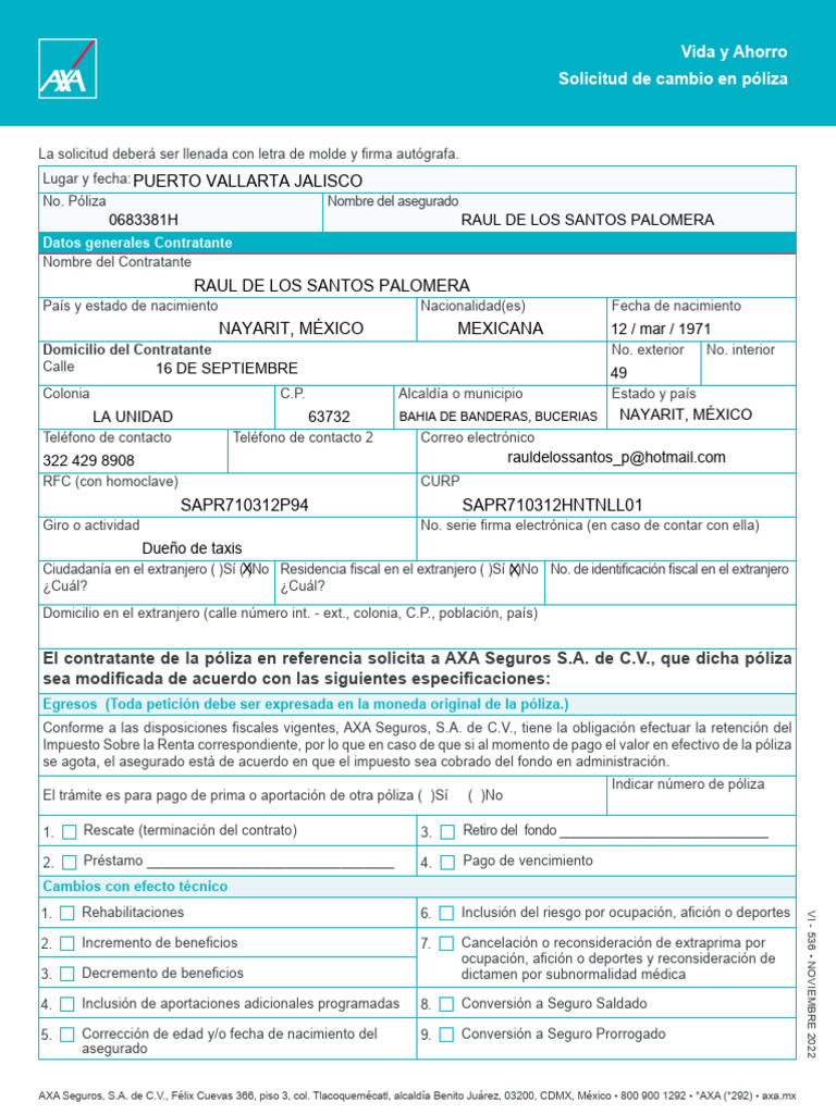 Solicitud de Cambio de Póliza AXA | PDF | Seguro | Póliza de seguros