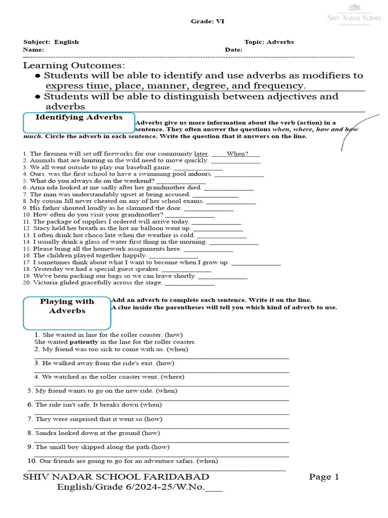 Identifying Adverbs for Grade VI | PDF | Adverb | Syntax