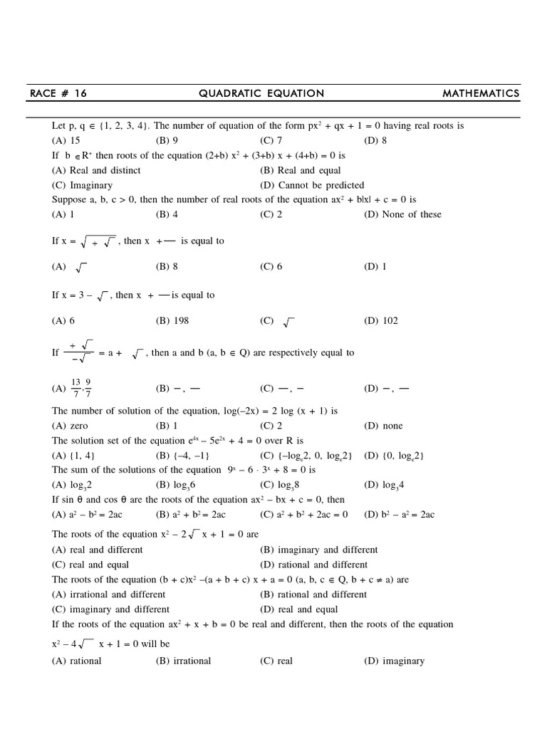 Race-16 - Quadratic Equation | PDF | Elementary Mathematics | Discrete ...
