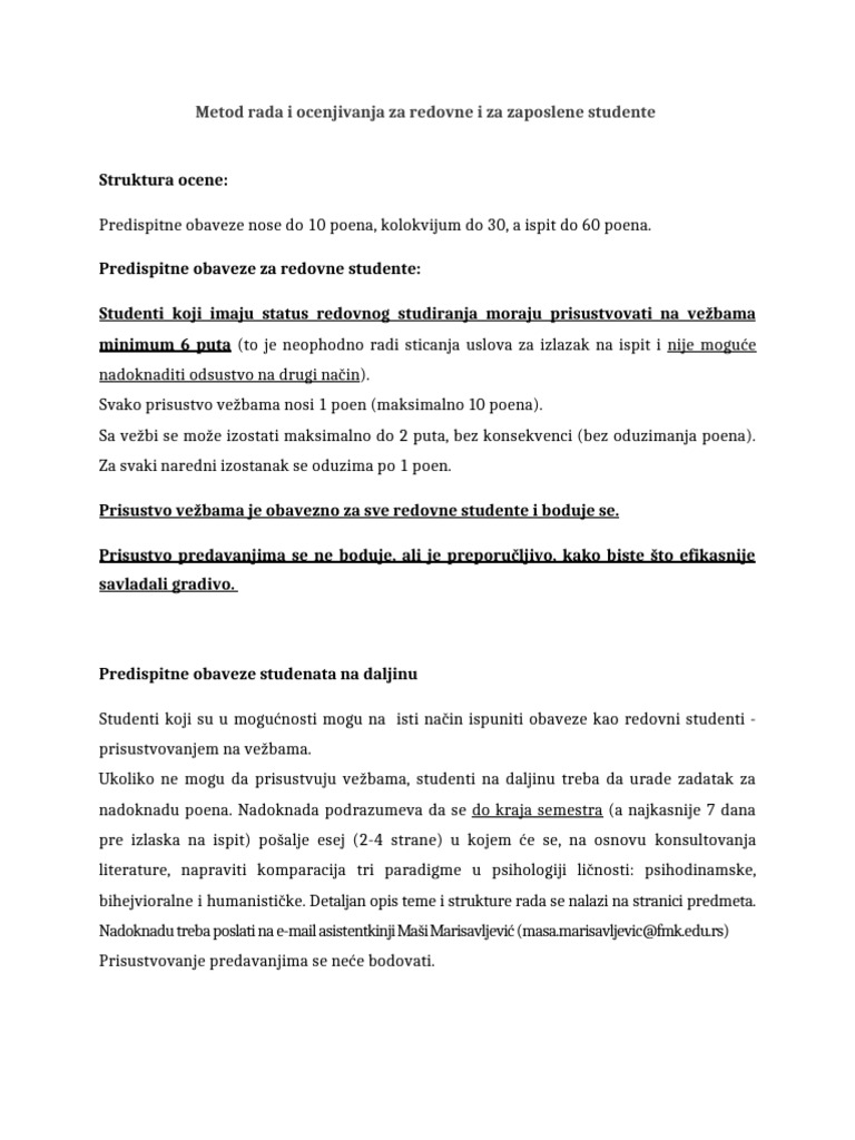 Metod Rada I Ocenjivanja Za Redovne I Za Zaposlene Studente | PDF