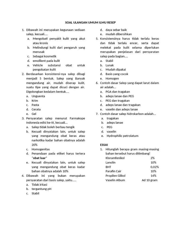 Soal Ulangan Umum Ilmu Resep Salep | PDF
