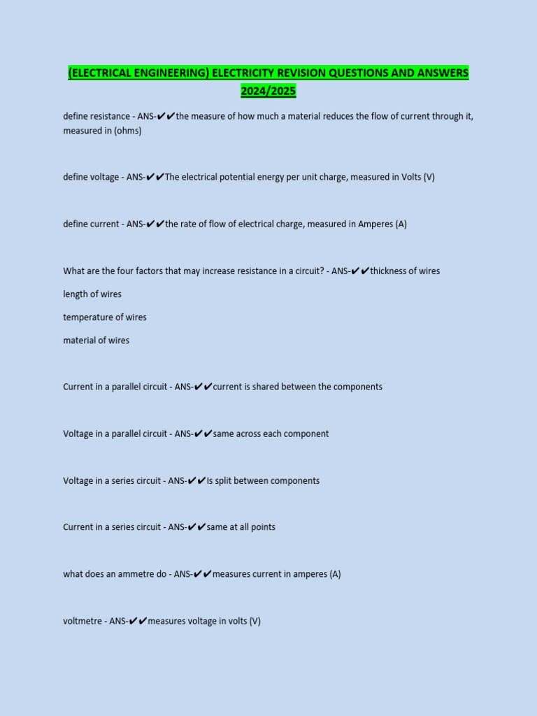(Electrical Engineering) Electricity Revision Questions and Answers ...