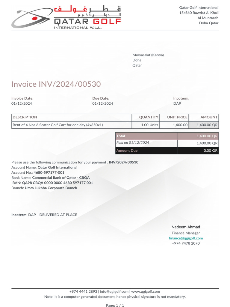 Mowasalat Invoice for Golf Cart Rental | PDF