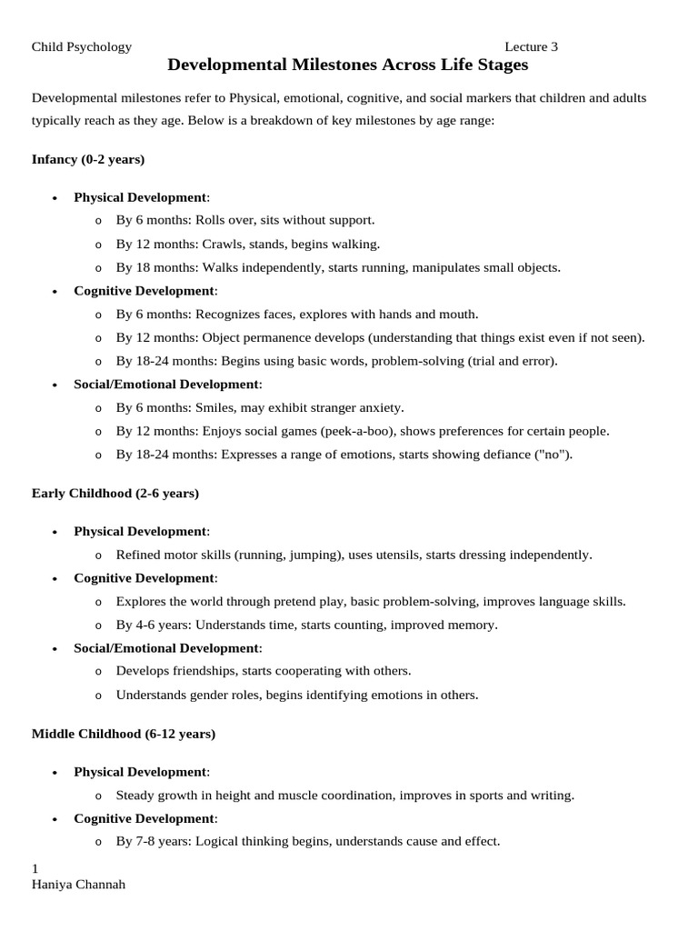 CP - Lecture 3 - Developmental Milestones Refer To Physical | PDF ...