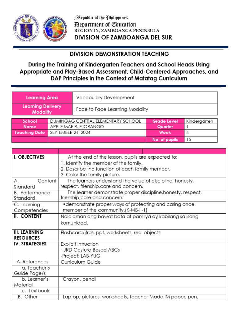 Ang Pamilya-Kinder Lesson-Plan-For-Demo-Teachingd-3 | PDF | Learning ...