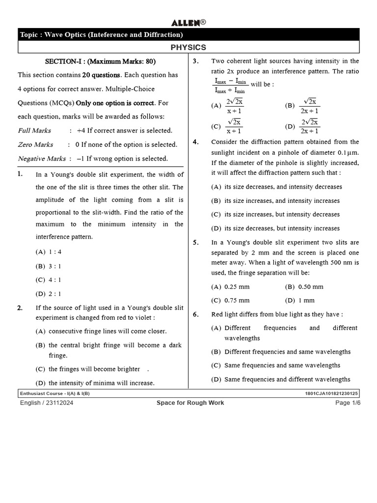 Wave Optics MCQs and Numerical Problems | PDF | Diffraction | Wavelength