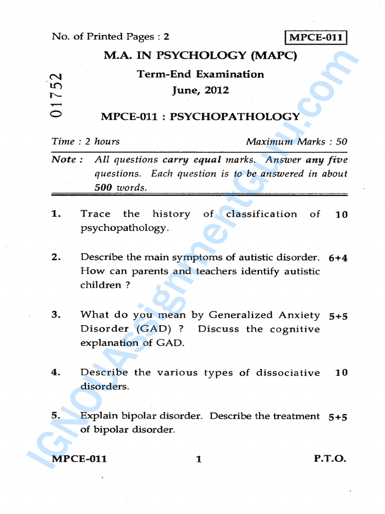 MPCE 011 June2010 June2023 | PDF | Mental Disorder | Personality Disorder
