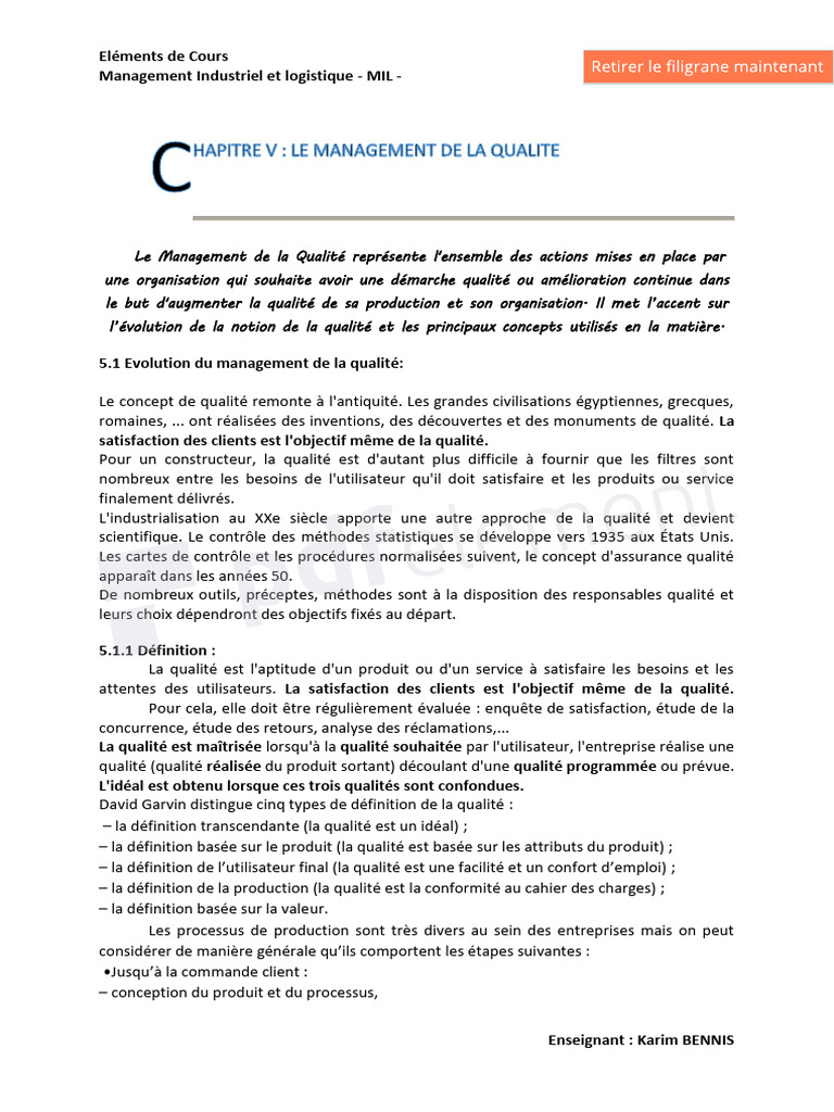 Management de la Qualité en Entreprise | PDF | Management de la qualité ...