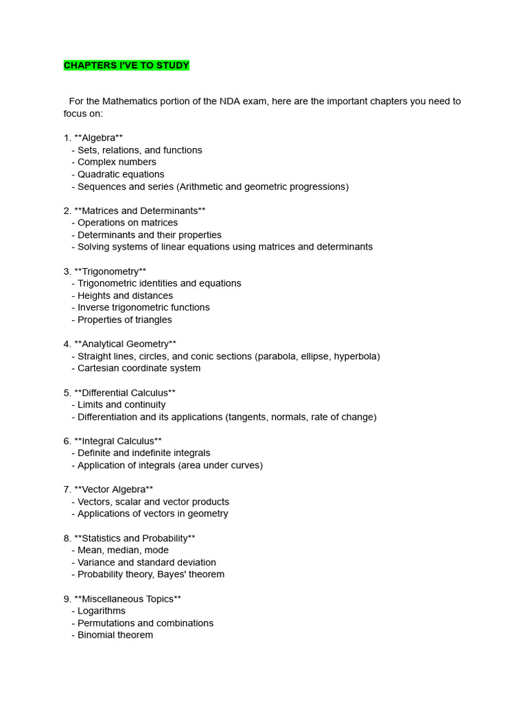 NDA Exam Study Guide: Math & GAT | PDF | Equations | Vector Space