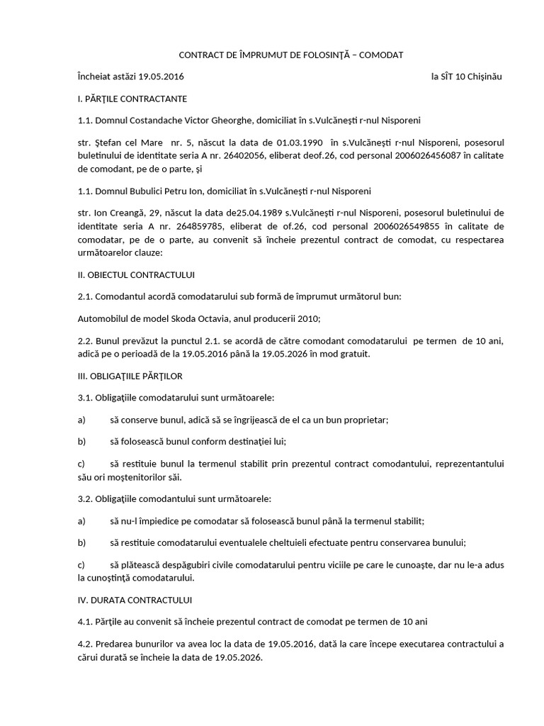 Contract de Comodat | PDF