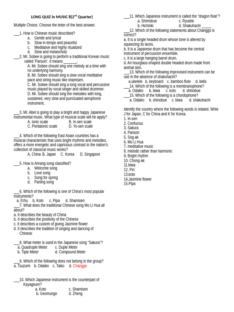Long Quiz in Music 8 (2nd Q) | PDF | Musical Instruments | Performing Arts
