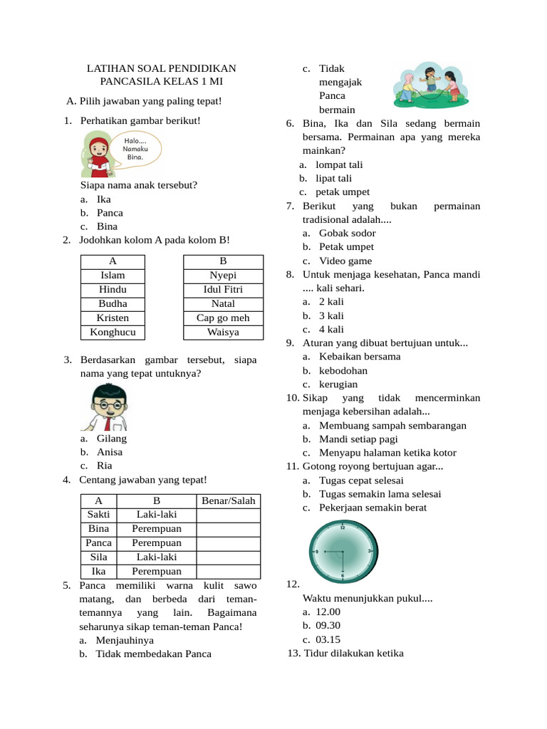 Latihan Soal Pancasila Kelas 1 SD | PDF