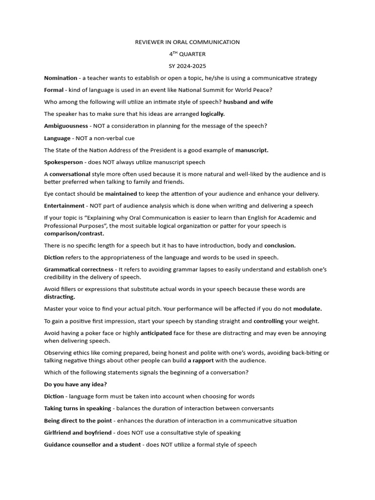 Grade 11 Oral Communication Reviewer | PDF | Communication | Speech