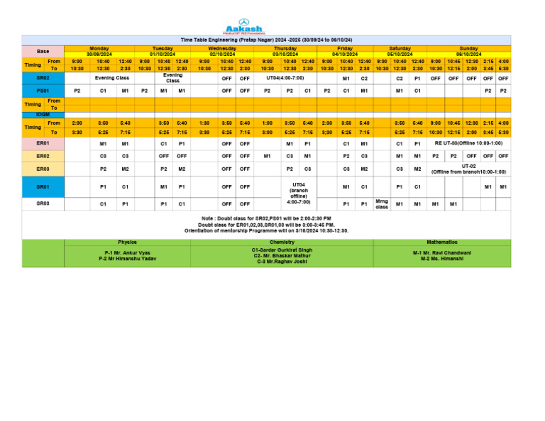 Engineering - Time Table J4 - 30-09-24 To 06-10-24 | PDF