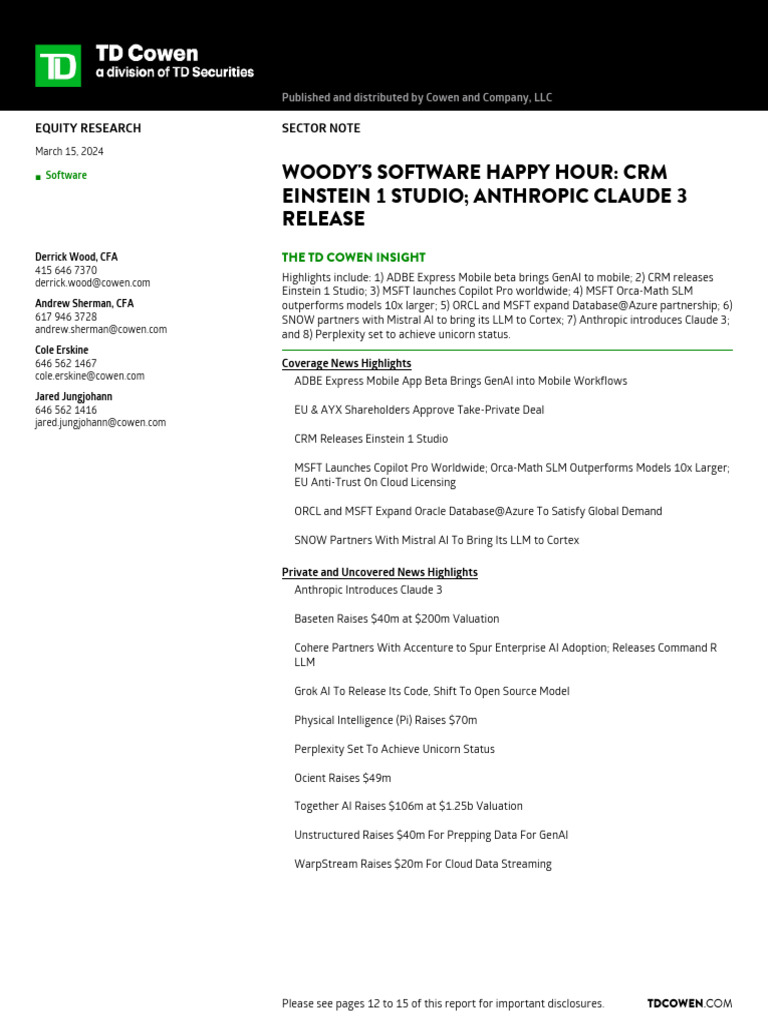 2024-03-15-TD Cowen-Woodys Software Happy Hour CRM Einstein 1 Studio  Anthropi... - 107058462 | PDF | Microsoft | Artificial Intelligence