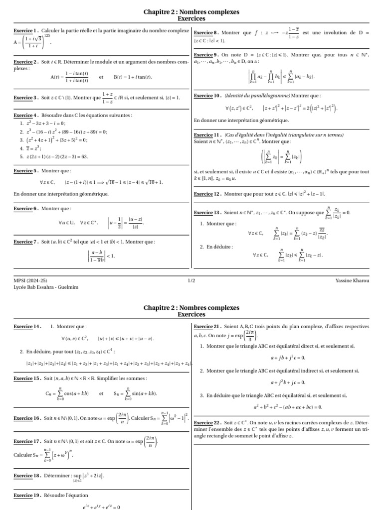Exercices sur les Nombres Complexes | PDF | Analyse complexe | Analyse ...