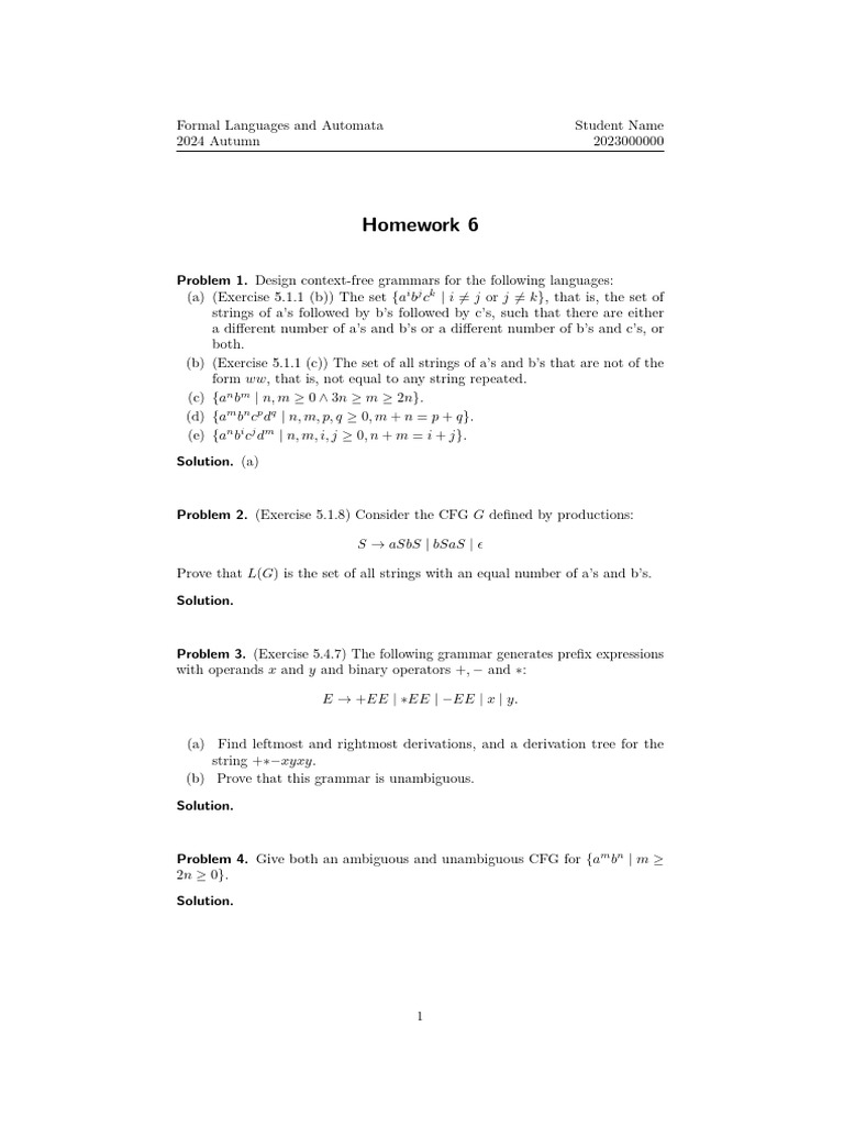 Context-Free Grammars Homework Solutions | PDF