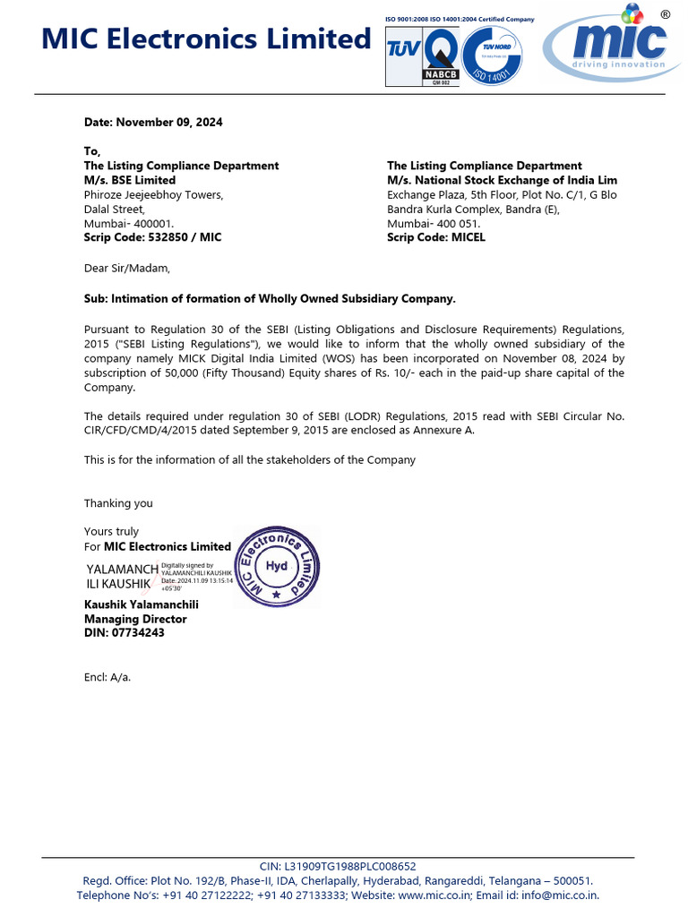 MIC Electronics Forms Wholly Owned Subsidiary | PDF | Power Supply | Relay