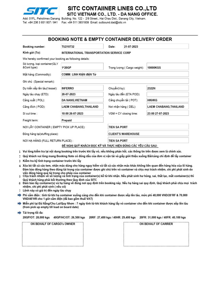 Booking Note & Empty Container Delivery Order: Sitc Vietnam Co., Ltd ...
