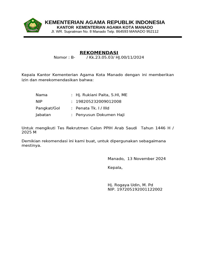 Rekomendasi PPIH Kementerian Agama Manado | PDF