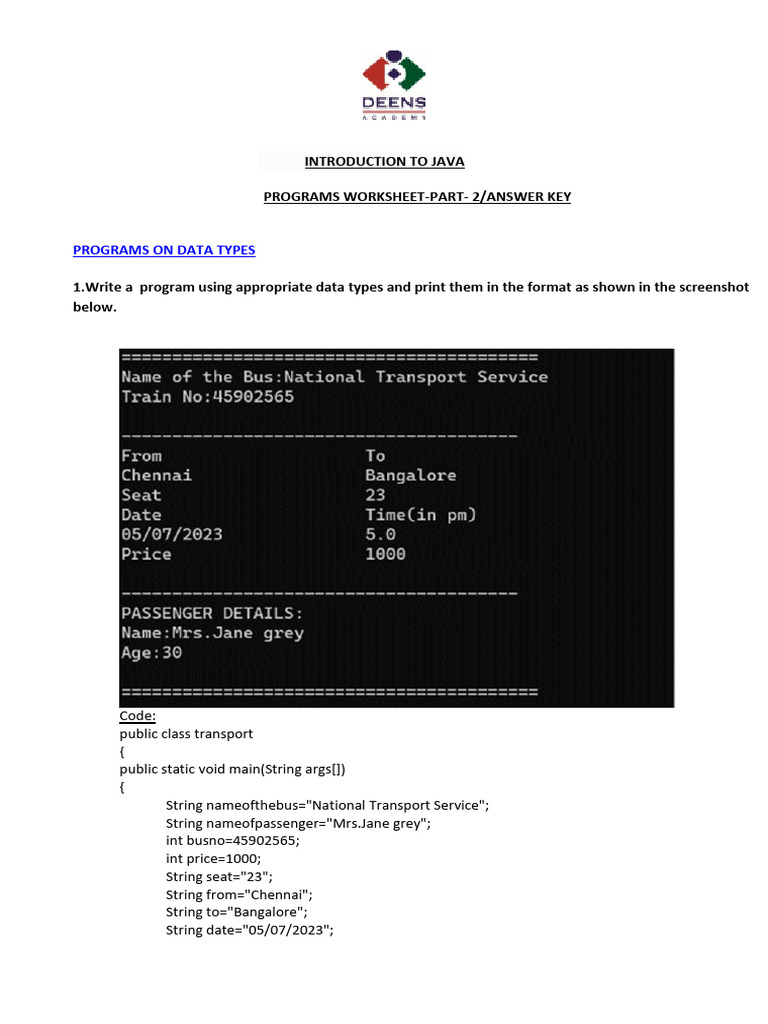Java Programs Worksheet: Data Types & More | PDF | Division ...